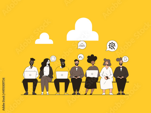Digital Minds Connected: Diverse individuals, each engrossed in their laptops, engage with digital cloud, embodying the modern interconnectedness of information and communication.