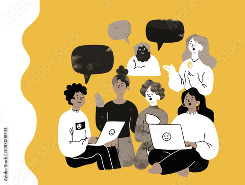 Collaboration and Connection: Illustrative scene of diverse individuals in animated discussion, using laptops with floating conversation bubbles over a yellow background.