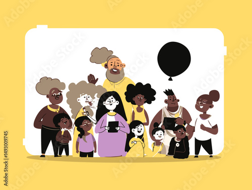 Generational Love: A vibrant illustration capturing the warmth and unity of a multi-generational black family. With a playful balloon and heartfelt expressions, this image emphasizes love.