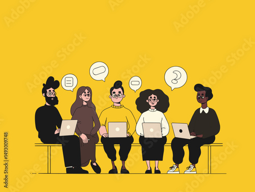 Tech Minds Collective: Five individuals collaborate, unified by laptops and thought bubbles, set against a vibrant backdrop of digital artistry.