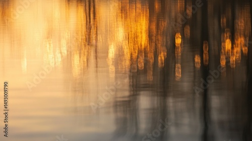 Golden sunset reflecting on serene water surface with abstract bokeh, capturing tranquility and natural beauty.