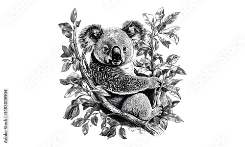 Hand-drawn Koala Engraving, Rustic Eucalyptus Tree Line Art, Vintage Animal Illustration, Monochrome Wildlife Print, Retro Nature Sketch, Old Style Etching, woodland nursery decor,