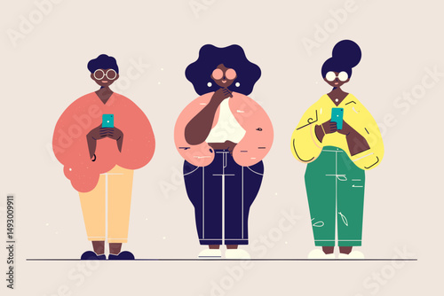 Three Individuals Engaged with Mobile Devices: A digital illustration showcasing three diverse people absorbed in their smartphones, representing connectivity and modern life.