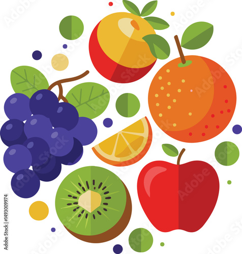 Colorful Flat Fruit illustration Set – Apple, Orange, Kiwi, Grape, Lemon Illustration