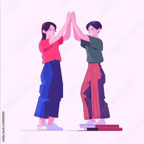 High-Five Harmony: An illustration of two figures performing a high-five, representing friendship, camaraderie, and unity, against a soft, color-rich backdrop.