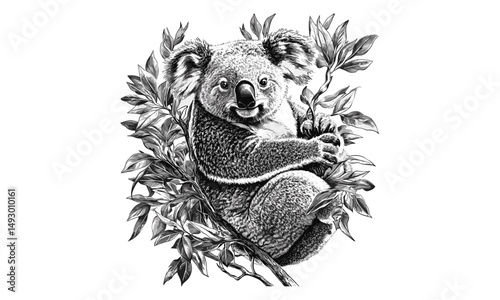 Vintage Koala Engraving, Hand-drawn Australian Mammal in Eucalyptus Tree, Monochrome Etching Style Sketch for Forest Art Decor, wildlife illustration, antique animal print,