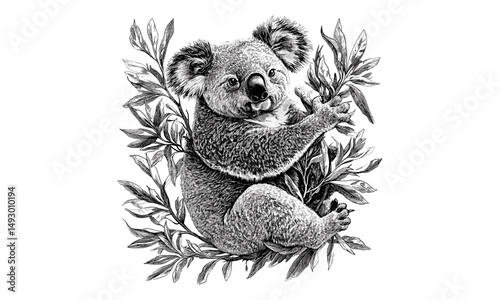 Koala in Eucalyptus, Vintage Wildlife Etching, Australian Mammal Black Sketch in Hand-drawn Engraving Style, retro forest wall art, nature animal print, woodland decor art