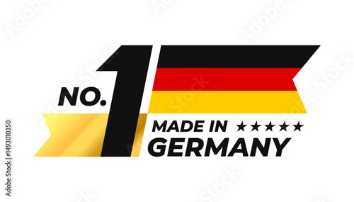 Number 1 made in Germany sign badge vector design. Label with German flag and stars symbol in the form of a gold ribbon