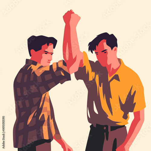 Brotherhood's Embrace: A symbolic illustration of camaraderie as two figures, united in their gestures, convey a bond of unity, friendship, and mutual support against a backdrop of subtle shades.