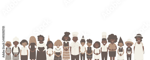 Diversity United: A line-up of people with varied appearances united in a simple and artistic depiction, symbolizing the beauty of human diversity and inclusion.