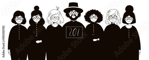 Black-Clothed Figures in Line: a monochrome portrait of a diverse group of people, dressed in dark attire, stand in an organized arrangement. The composition may signify a collective idea or theme.