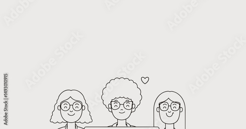 Three Friends: A simple line drawing illustration of three friends with glasses and hearts smiling together in a minimalist style. The illustration emphasizes unity, friendship and togetherness.