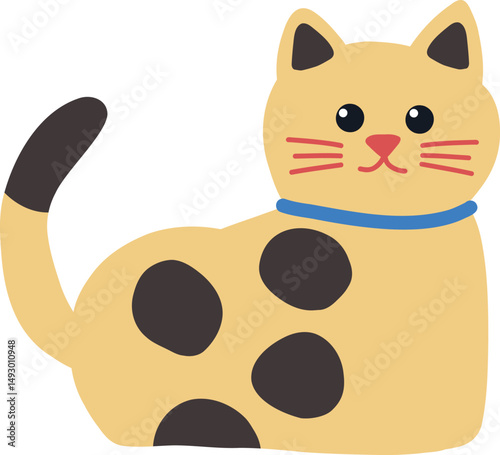 Cute yellow orange cat with black spots on his body wearing blue necklace illustration