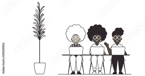 Digital Collaboration: Illustration of three individuals seated at a desk, engrossed in their laptops, with a potted plant providing a touch of greenery. This image evokes a sense of teamwork.