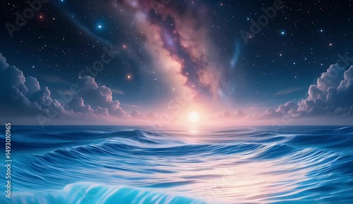 mesmerizing sea waves flowing beneath a glowing milky way sky
