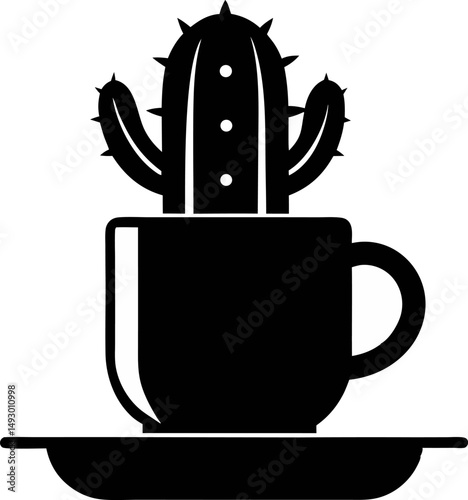 Cactus In Coffee Mug Silhouette Vector Illustration