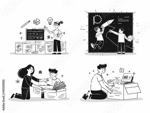 Collaborative Startup Launch: A visually compelling illustration depicting four distinct scenes capturing the dynamic process of a startup launch: brainstorming ideas, presenting a concept.