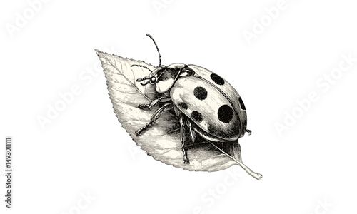 Vintage Ladybug Engraving, Hand-drawn Insect Line Art, Monochrome Leaf Illustration, Rustic Wildlife Etching, Detailed Fauna Print, Nature Sketch, Botanical Drawing, Retro Style,