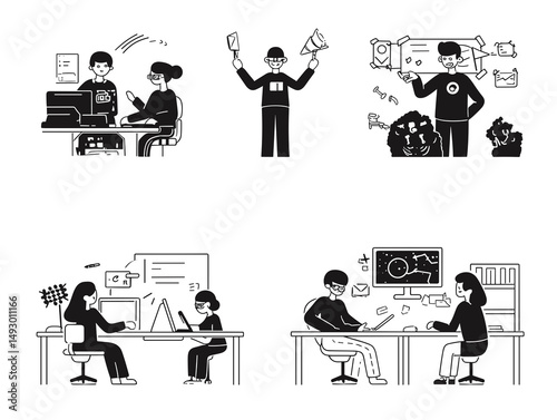 Office Life: A collection of detailed, grayscale illustrations depict various office scenes. Employees are shown collaborating, presenting ideas, working independently at their desks.