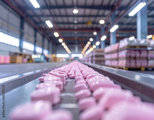 Conveyor belt with pink items in a manufacturing facility
