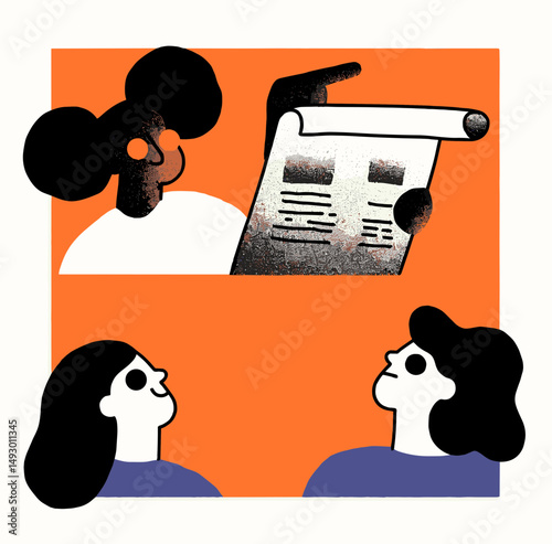 Strategic Assessment: A depiction of a project manager presenting a detailed document to an attentive audience, emphasizing clear communication and focused teamwork