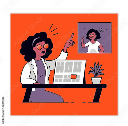 Virtual Interaction:  A stylish female professional in a virtual setting, engaged in a productive dialogue, making her point.  