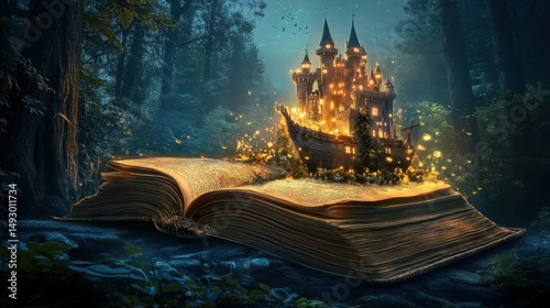 Enchanted book with glowing castle and pirate ship in magical forest at twilight