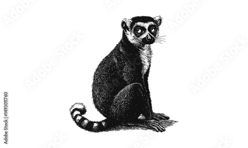 Monochrome Lemur Illustration, Hand-Drawn Vintage Etching, Jungle Mammal Engraving, Exotic Wildlife Art, Trendy Black Sketch Style, old animal artwork for stock graphics