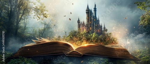 Enchanted castle emerges from open book in magical forest setting