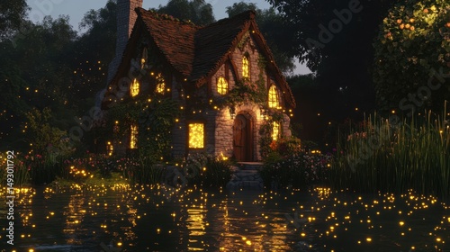Enchanted Cottage Surrounded by Fireflies at Dusk