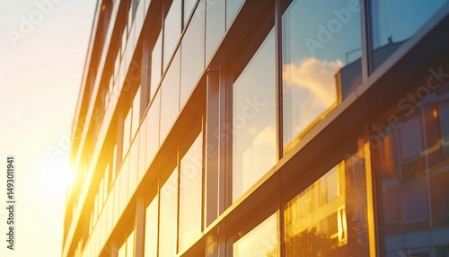 Modern glass building reflecting sunset light in urban environment