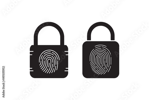 Fingerprint Padlock Silhouette Illustration - Black and White Biometric Lock Icon
