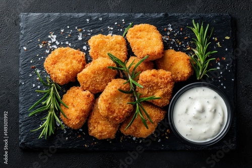 nuggets with some sea salt rosemary and white sauce on a black slate background, top view, food style photography.