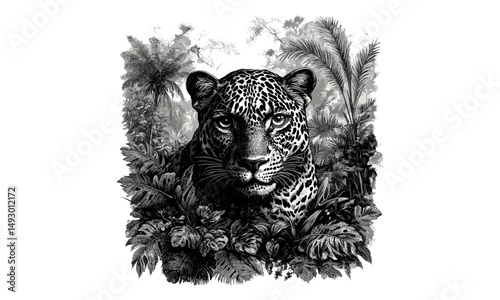 Hand-drawn Leopard Etching in Jungle, Vintage Monochrome Wildlife Line Art, Retro Safari Sketch, Rustic Animal Illustration, detailed wild feline black and white drawing,