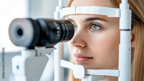 Doctor using an ophthalmologic lamp to check vision. 