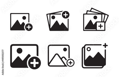 Add photo icon. Upload photo icon logo set. Camera with plus icon . Vector illustration eps 10