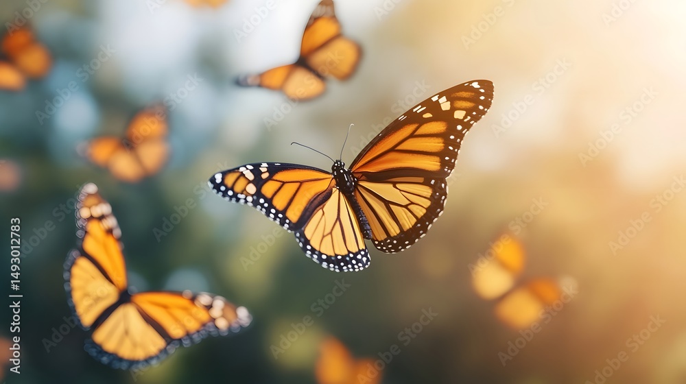 Fototapeta premium Monarch butterflies flying in a sunny meadow