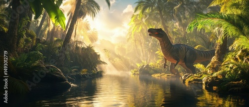 Dinosaur in jungle of Jurassic era, prehistoric animal near water in tropical forest, panoramic view. Concept of movie, summer, reptile, extinct.