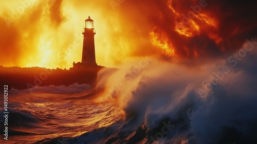 Dramatic lighthouse amidst roaring waves and fiery sunset sky