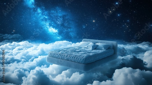 Dreamy bed floating on clouds, under a starry sky. Sleep. AI generated image