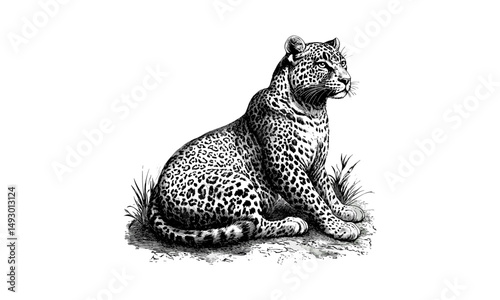 Hand-drawn Leopard Resting Engraving, Monochrome Wild Cat Line Art, Vintage Fauna Drawing, Retro Wildlife Etching, Detailed Nature Illustration, timeless wildlife decor