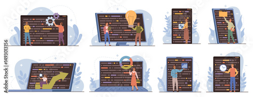 Big devices and small people. Vector isolated programmers with large screens, coding and developing websites or applications. Software development process. Specialists and engineers at work