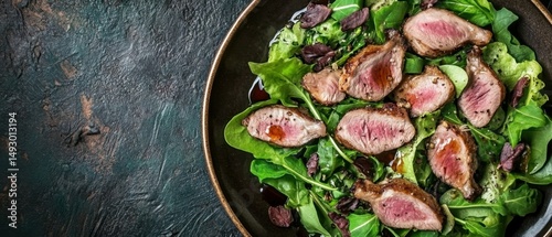 Duck breast salad features smoked duck meat magret serving as a natural and fresh appetizer or snack on the table with a rustic food background Copyspace is available Top view