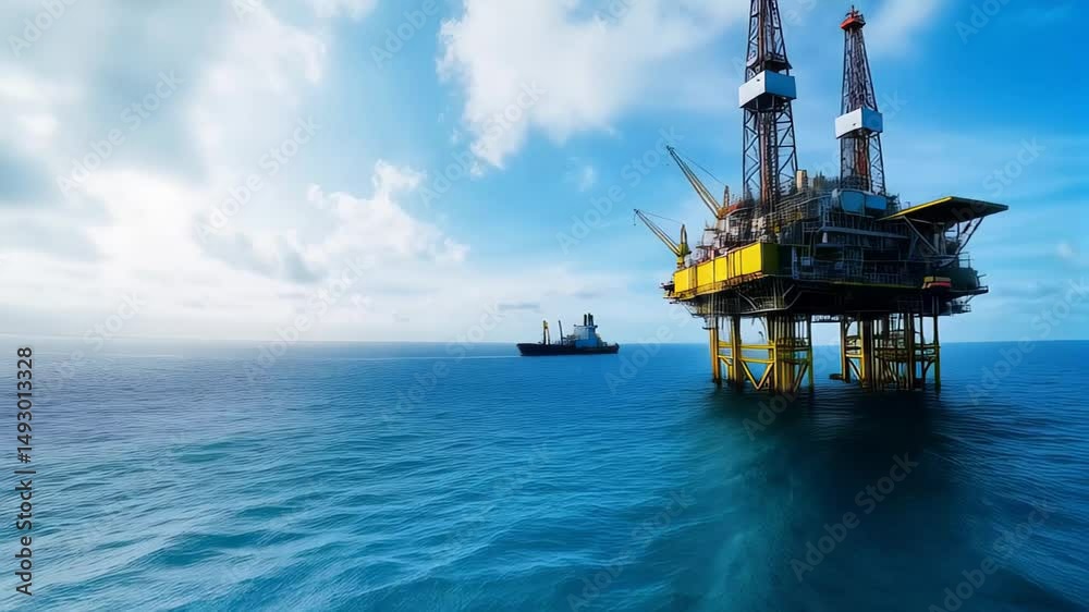 Offshore drilling platform standing near supply vessel, highlighting industrial maritime operations under clear sky