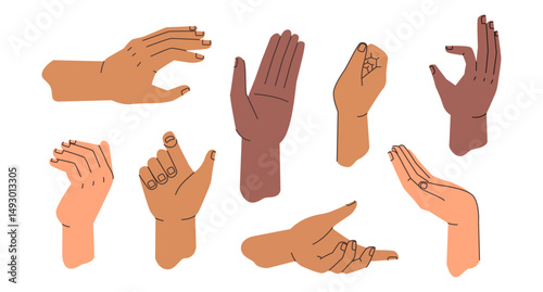 Hand gestures set, human non verbal communication and interaction. Vector cognition and language development of deaf people. Giving or taking. Showing and expressing satisfaction with arm gesturing
