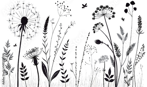 Stylized monochrome illustration of various wildflowers and plants, artistic and serene.