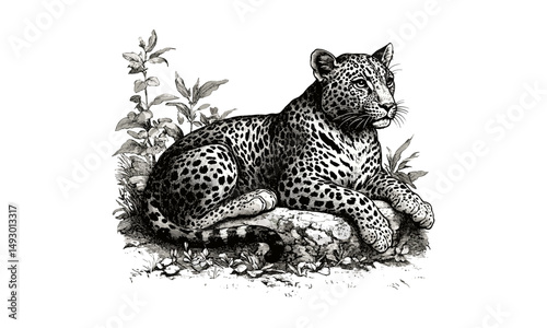 Retro Wildlife Etching of Leopard Resting, Monochrome Wild Cat Line Art, Vintage Fauna Drawing, Rustic Animal Print, Hand-drawn Engraving, wildlife art for home