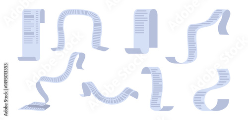 Taxes and receipts for purchase, long payment bills for services or goods. Vector isolated rolls of paper with list of items require paying. Budgeting and accounting information for bank users
