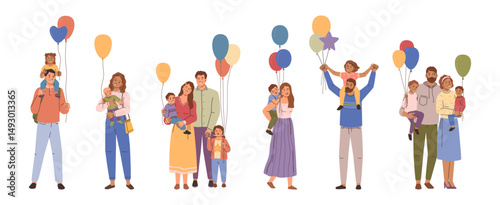 Happy families with children with balloons. Vector parents and kids holding inflatable objects on strings, celebrating holiday or birthday together. Mothers and fathers, children and toddlers