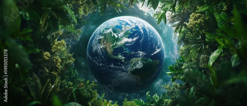 Earth surrounded by nature, trees, and plants, sustainable space, Earth Day concept of ecology and conservation, environmental protection, copy space